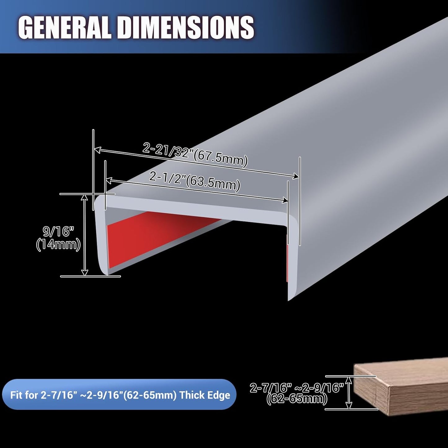 Rubber Edge Trim, Flexible Self Adhesive U Shaped Peel and Stick Edge Banding, 2-1/2"(63.5mm) U Channel Edge Protector, Edge Guards for Woods, Furniture, 20Ft, Grey Color