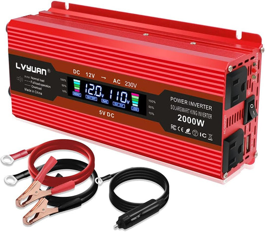 Power Inverter 1000W/2000W (Peak) Dual AC Outlets and Dual USB Charging Ports DC 12V to 110V AC Car Converter with Digital Display