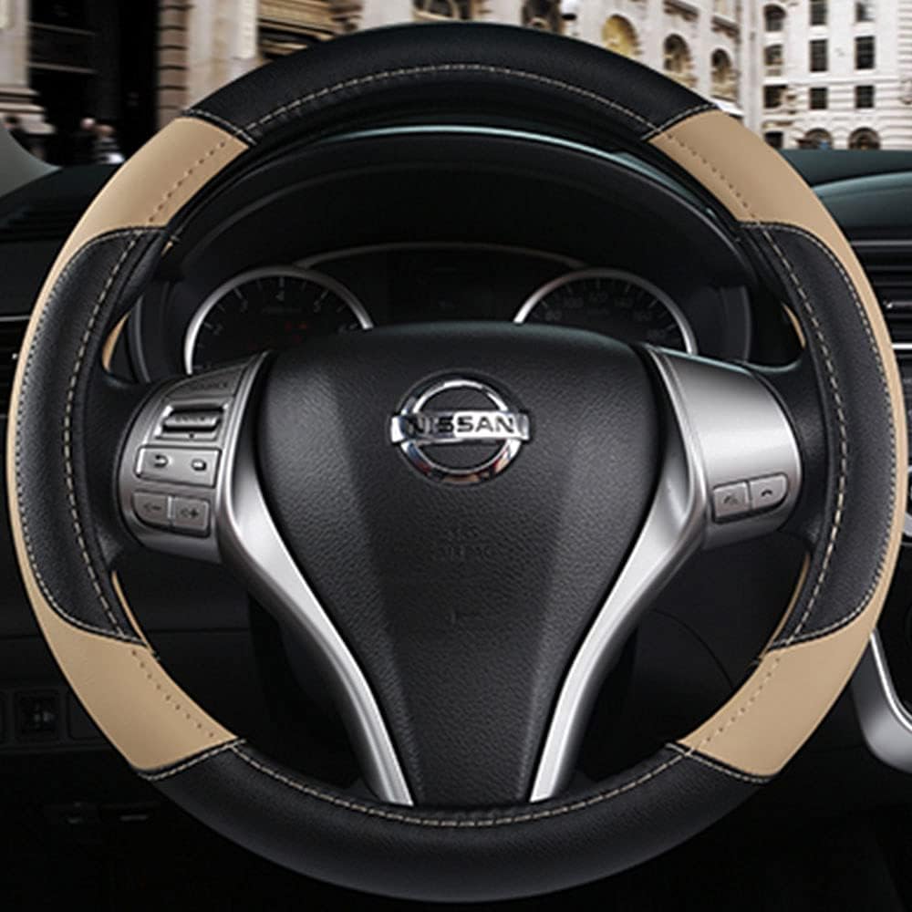 Leather Car Steering Wheel Cover, Non-Slip Car Wheel Cover Protector Breathable Microfiber Leather Universal Fit for Most Cars(Beige)