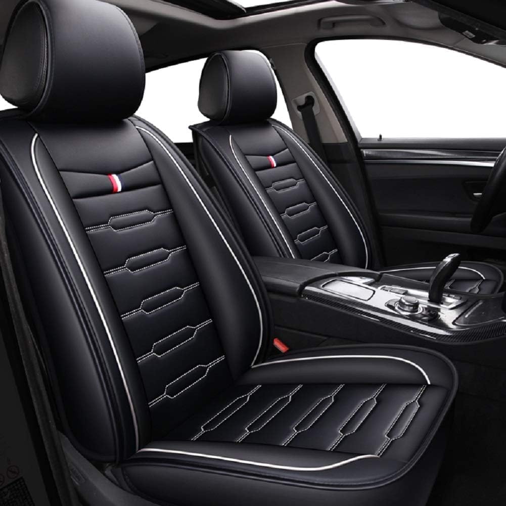 Seat Covers Full Set, Waterproof Leather Seat Covers for Cars, 5 Seats Universal Car Seat Protectors, Black Car Seat Covers Car Seat Cushions Fit for Most Cars (Black-White)