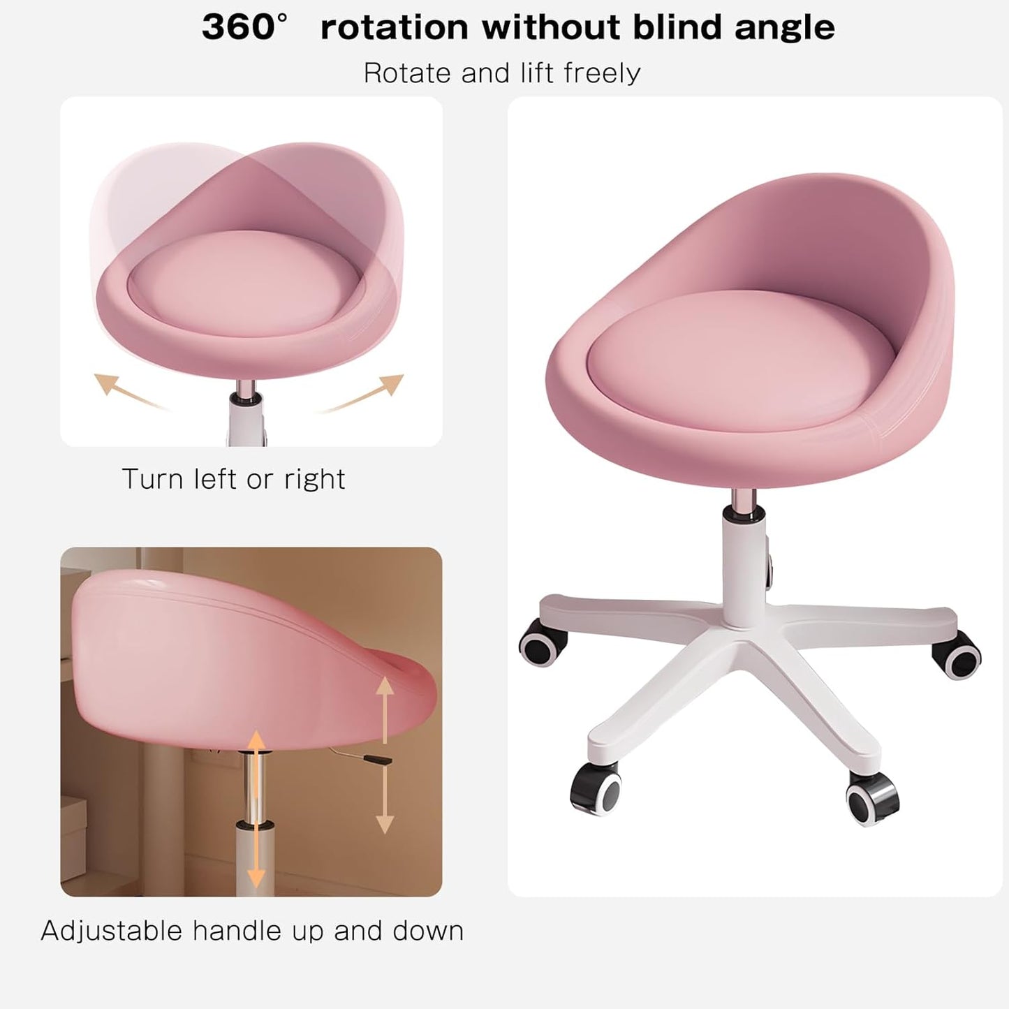Rolling Stool Rolling Hydraulic Salon Stool with Low Backrest - Adjustable Swivel Chair for SPA, Shop, Salon, Massage, or Medical Office Pink
