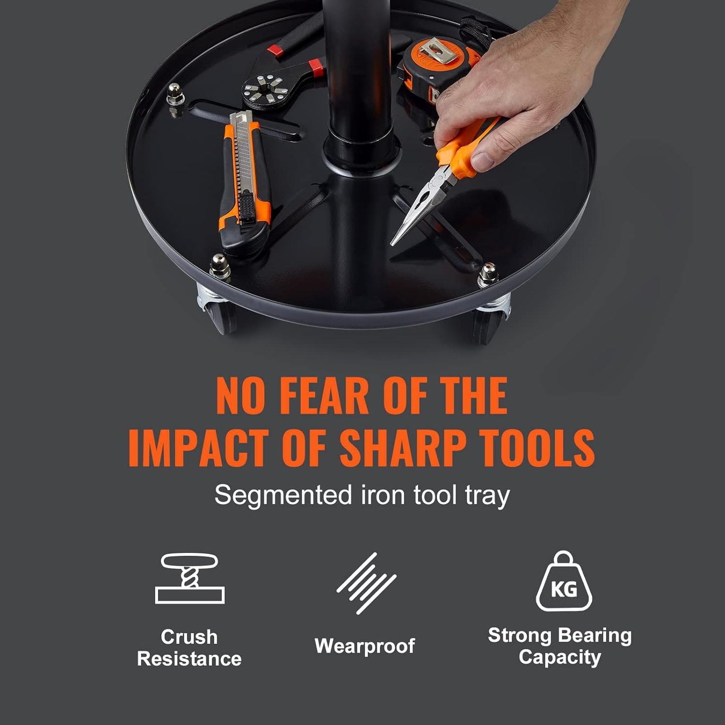 VEVOR Mechanic Stool, 250 LBS Rolling Pneumatic Creeper Garage/Shop Seat, Adjustable Height 16-22 inch in Padded Rolling Workshop Stool with Tool Tray, for Garage, Shop, Auto Repair, Black+Orange