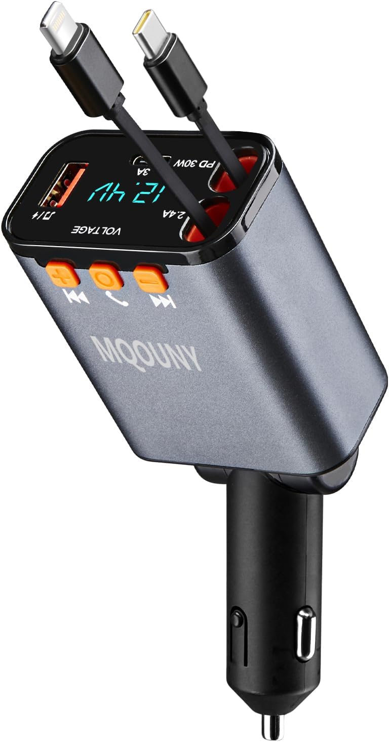 Retractable Car Charger,5 in 1 Fast Cars Phone Charger 60w,Bluetooth 5.3 FM Transmitter Adapter,Handsfree Call,MP3 Player,2 Retractable Cables and USB Chargers, for Phone,Galaxy,Pixel (Black)