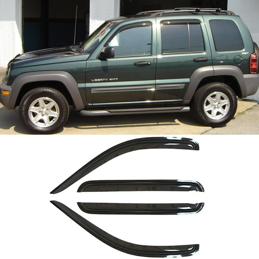 94428 Side Window Visors Wind Vent Deflectors Compatible with 2002-2007 Jeep Liberty, 4pcs Out-Channel Good Looking Dark Smoke Tape-On Rain Guards Set