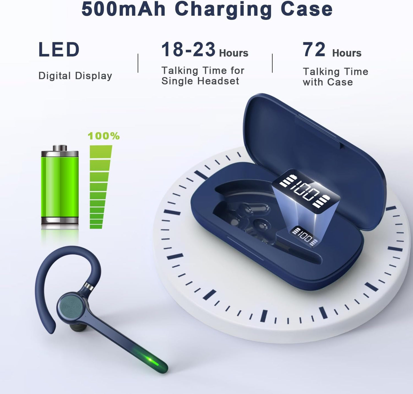 Bluetooth Headset, Wireless Bluetooth Earpiece with 500mAh Charging Case 72 Hours Talking Time Built-in Microphone for iOS Android Cell Phone, Hand-Free Headphones for Trucker, Office-Blue