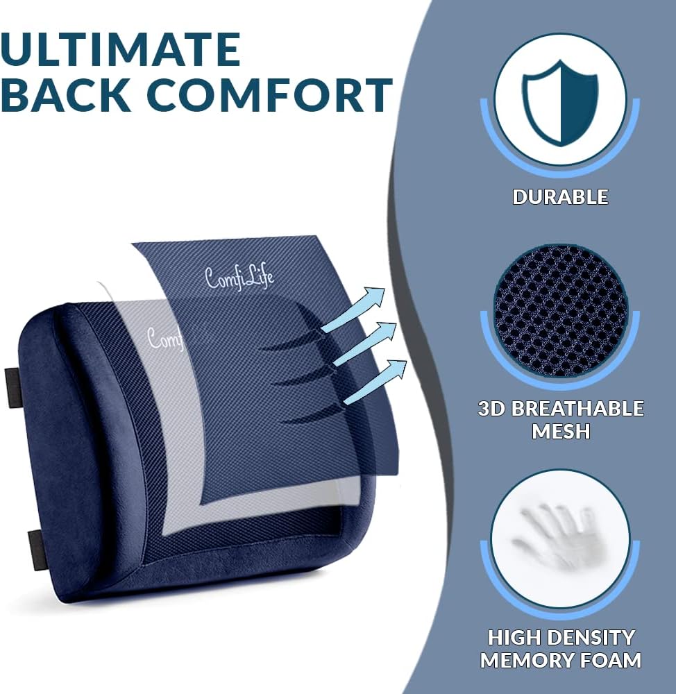 ComfiLife Lumbar Support Back Pillow Office Chair and Car Seat Cushion - Memory Foam with Adjustable Strap and Breathable 3D Mesh (Navy)