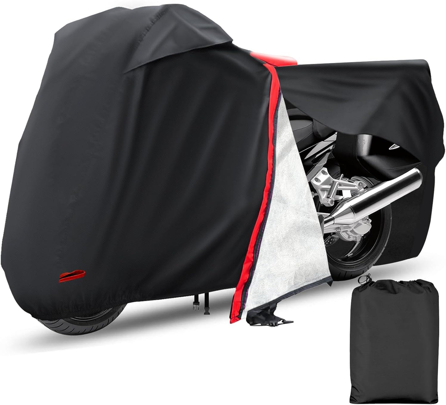 Motorcycle Cover,Waterproof Zipper Outdoor Cover for All Seasons Windproof, High Heat Resistance Dustproof and Rainproof Snowproof(Red Zipper XXXL Fits Up to 116 inch)