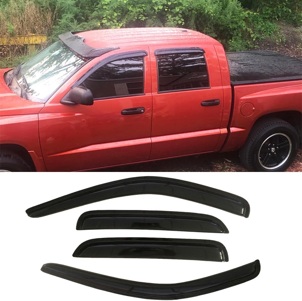 94656 Side Window Wind Deflector,4pcs Outside Mount Style Tape-On Nice Sun Rain Guards Set,Window Visor fit for 2005-2011 Dodge Dakota Quad Cab(Extended Cab)