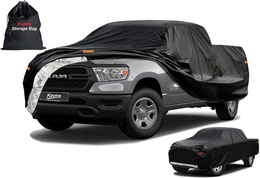 Kayme Truck Cover Custom Fit Dodge Ram 1500(2009-2025) Crew Cab Short Bed. Full Exterior Heavy Duty Outdoor Pickup Truck Car Cover Waterproof All Weather.Car Tarp for Wind Sun Dust Protection.Black