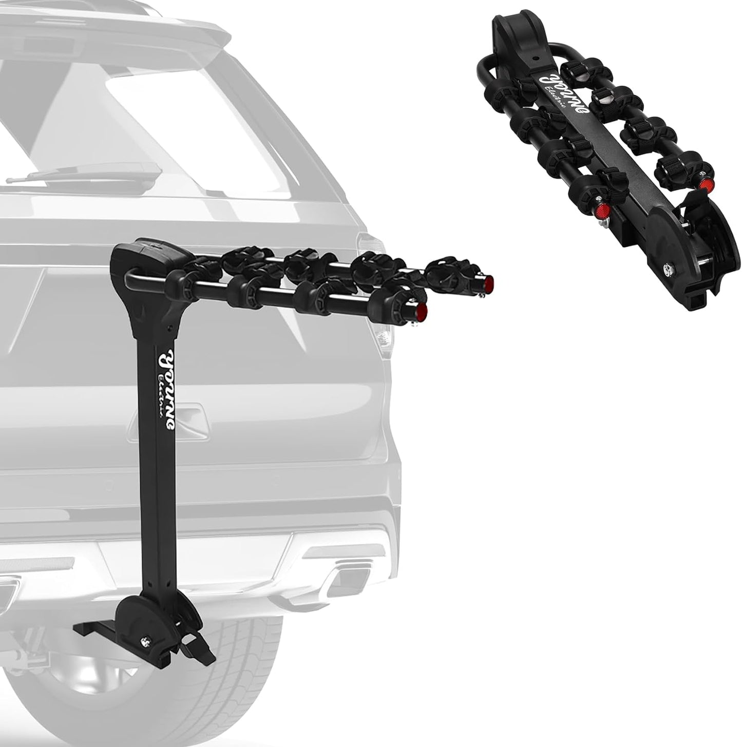Young 4 Bike Rack Tilting Hitch Mounted with Convenient Pedal for Cars, SUVs and Trucks, Fits 1.25” and 2” Hitches, Carries 4 Bikes