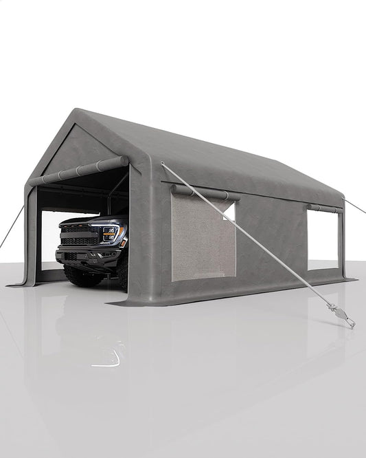 10x20 Ft Carport, Car Port with 200g PE Tarp, Roll-Up Doors, and 4 Windows, for Sedans, Bass Boats, Motos, ATVs, and SUVs, Light Gray