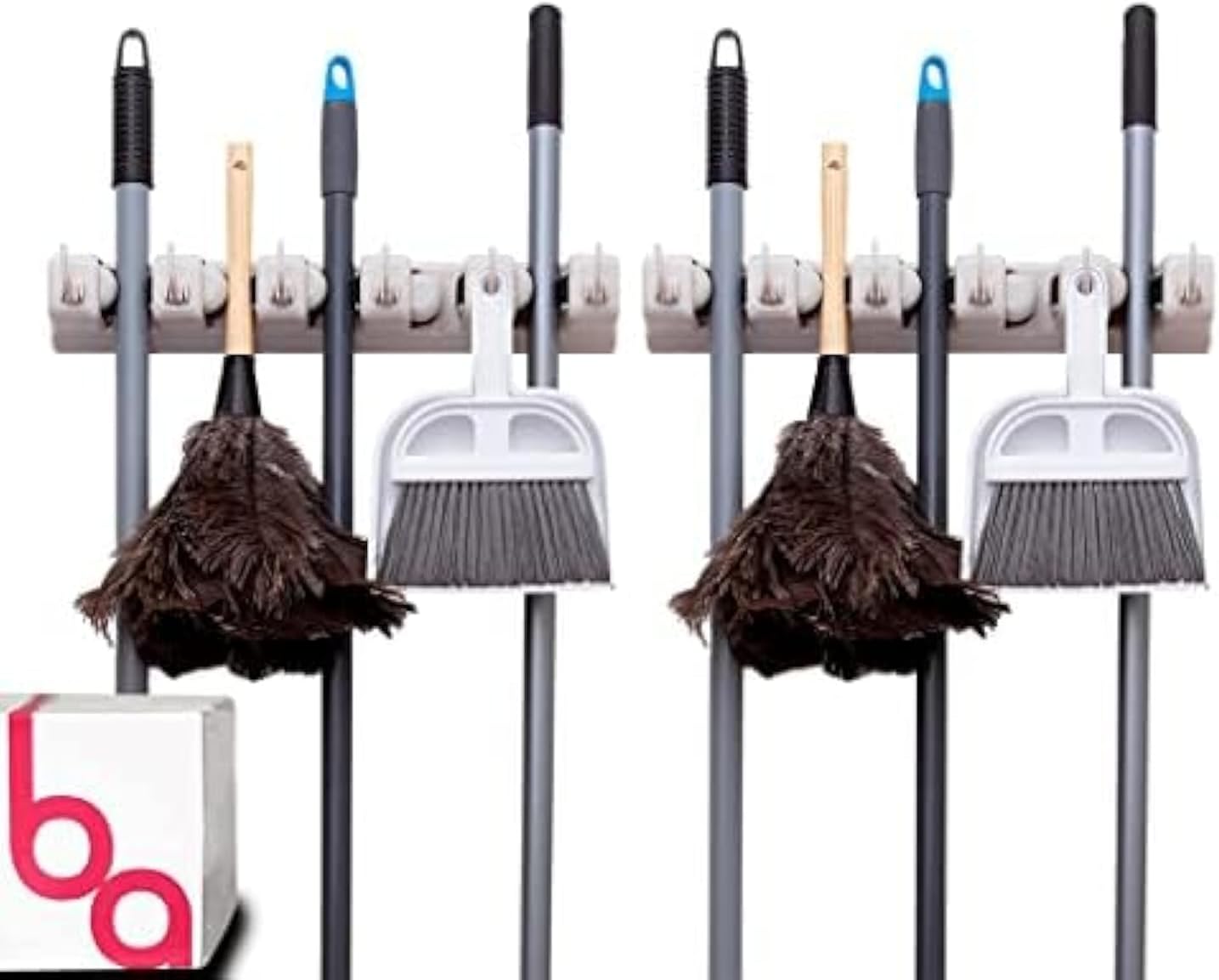 Berry Ave Broom Holder & Wall Mount Garden Tool Organizer- Kitchen, Closet, Garage & Laundry Room Storage With 5 Slots And 6 Hooks- Wall Holder For Broom, Rake & Mop Handles Up To 1.25” [Beige 2-Pack]