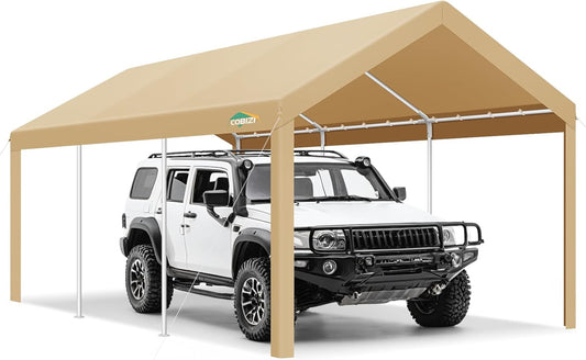 COBIZI Carports 10x20 Heavy Duty Car Tent Garage 2.0, Galvanized Frame Car Canopy Outdoor Shelter Waterproof & UV Protected with Windproof Ropes & Built-in Sandbags for Car Truck Boat, Khaki
