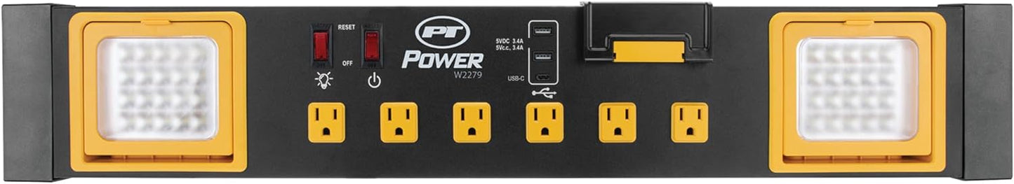 Performance Tool W2279 Commercial Grade Power Station with 6 Outlets, 2 USB Ports, Built-In Cradle, and LED Lights, Ideal for Workshops and Garages