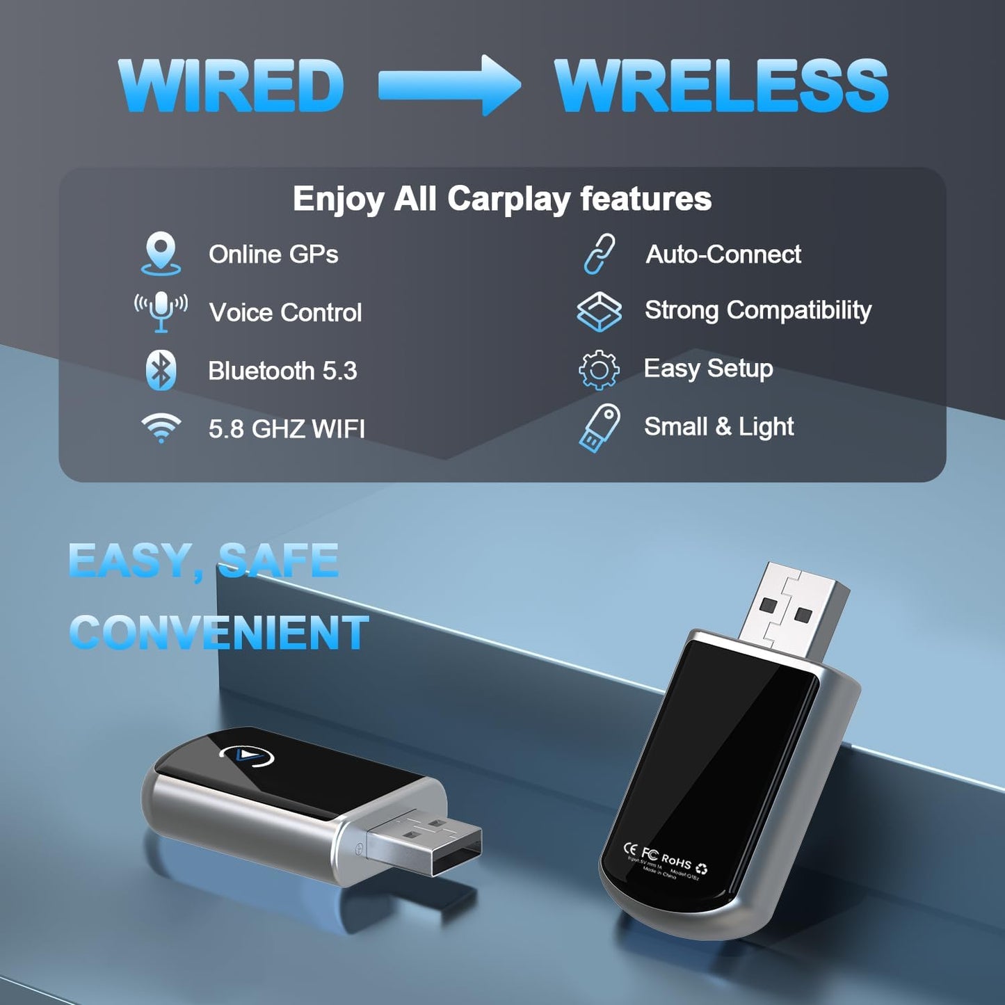 Wireless CarPlay Adapter for iPhone,2 in 1 CarPlay Wireless Adapter,No Latency,Compatible with Over 800 Car Models from 2016+,for iPhone 10+ & Android 11 Above,Black