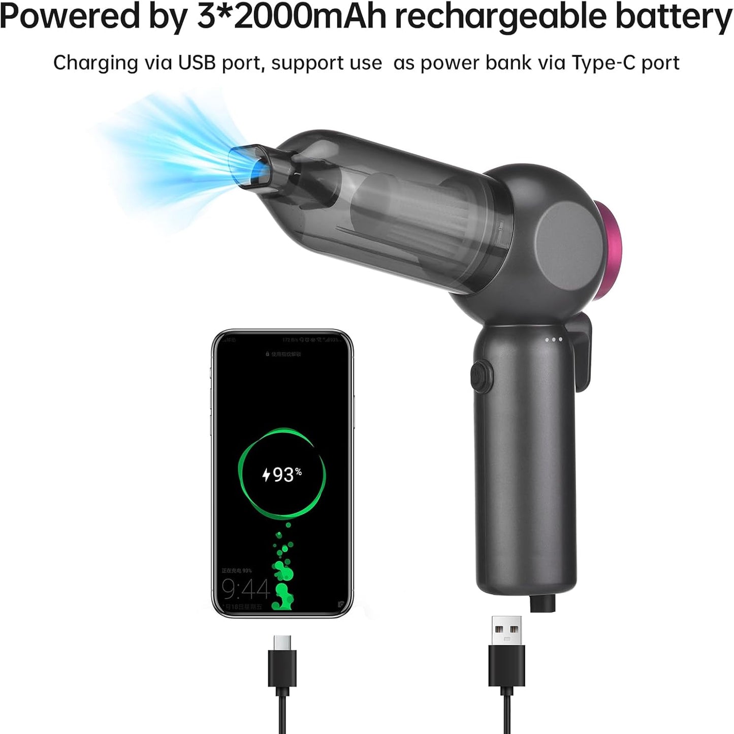 Car Vacuum Portable Handheld Cordless Vacuums, 20000PA Suction, 6000mAh Blower, Window Breaker, Seatbelt Cutter for Car, Home & Office Cleaning