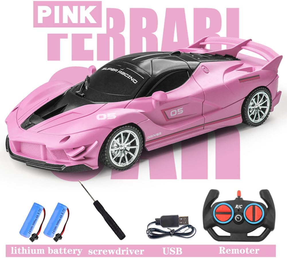 Remote Control Car, Pink RC Cars for Girls, Rechargeable RC Racing, 2.4Ghz Electric Power On Road High Speed Drift Model Vehicle Toy with Led Headlight, Birthday for Kids Age 3+