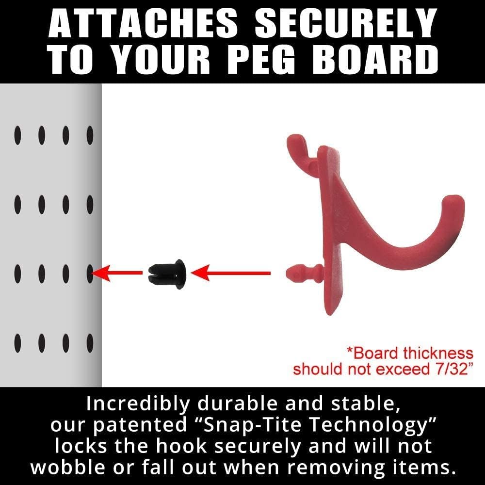 PegPro® J Hooks Kit for Standard “Wood Fiber” pegboard – Durable Plastic Pegboard Hooks - for Garage, Kitchen, Craft Room, and More (J Hook - 24 Pack, Red)