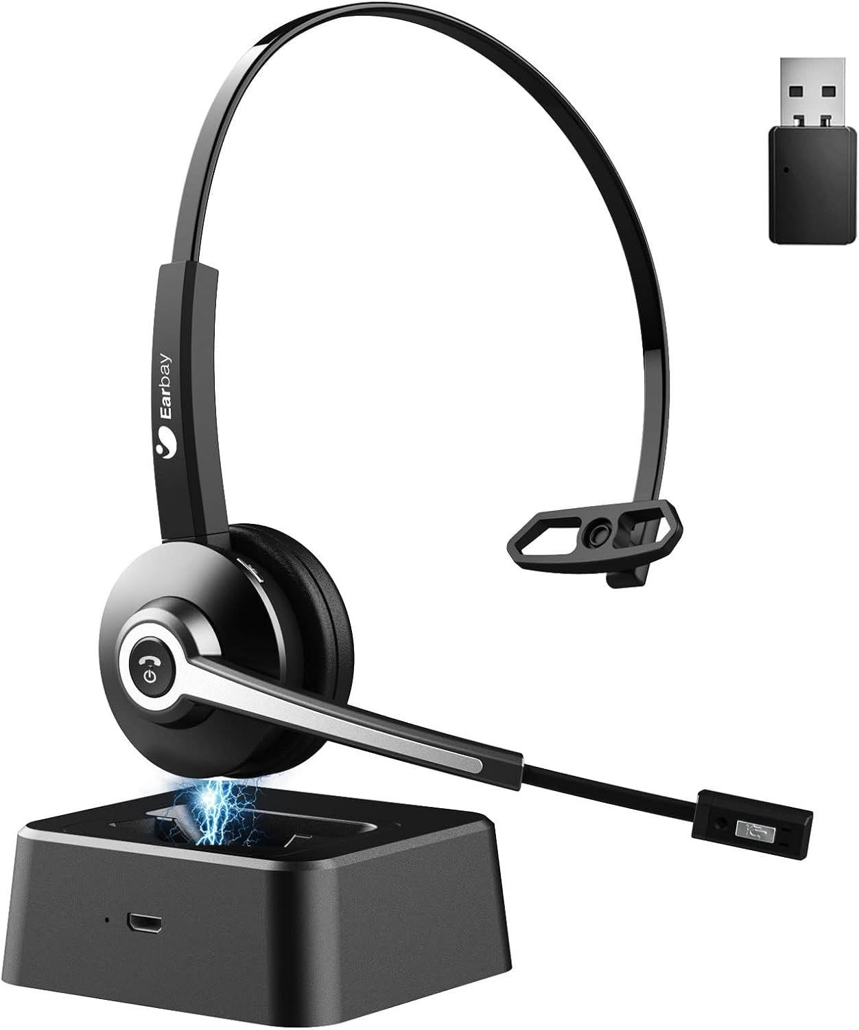 Earbay Trucker Bluetooth Headset, Wireless Headphones with Mic Mute & USB Dongle, Wireless Headset with Microphone Noise Canceling & Charing Base for Work/PC Computer/Phones/Office/Meeting