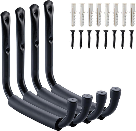 HOME MASTER HARDWARE Heavy Duty 9" Jumbo Arm Garage Wall Hooks 4 Pack – 50Lbs Ladder Hangers, Wall Mount Utility Storage for Bikes, Folding Chairs, Kayaks & Bulk Items