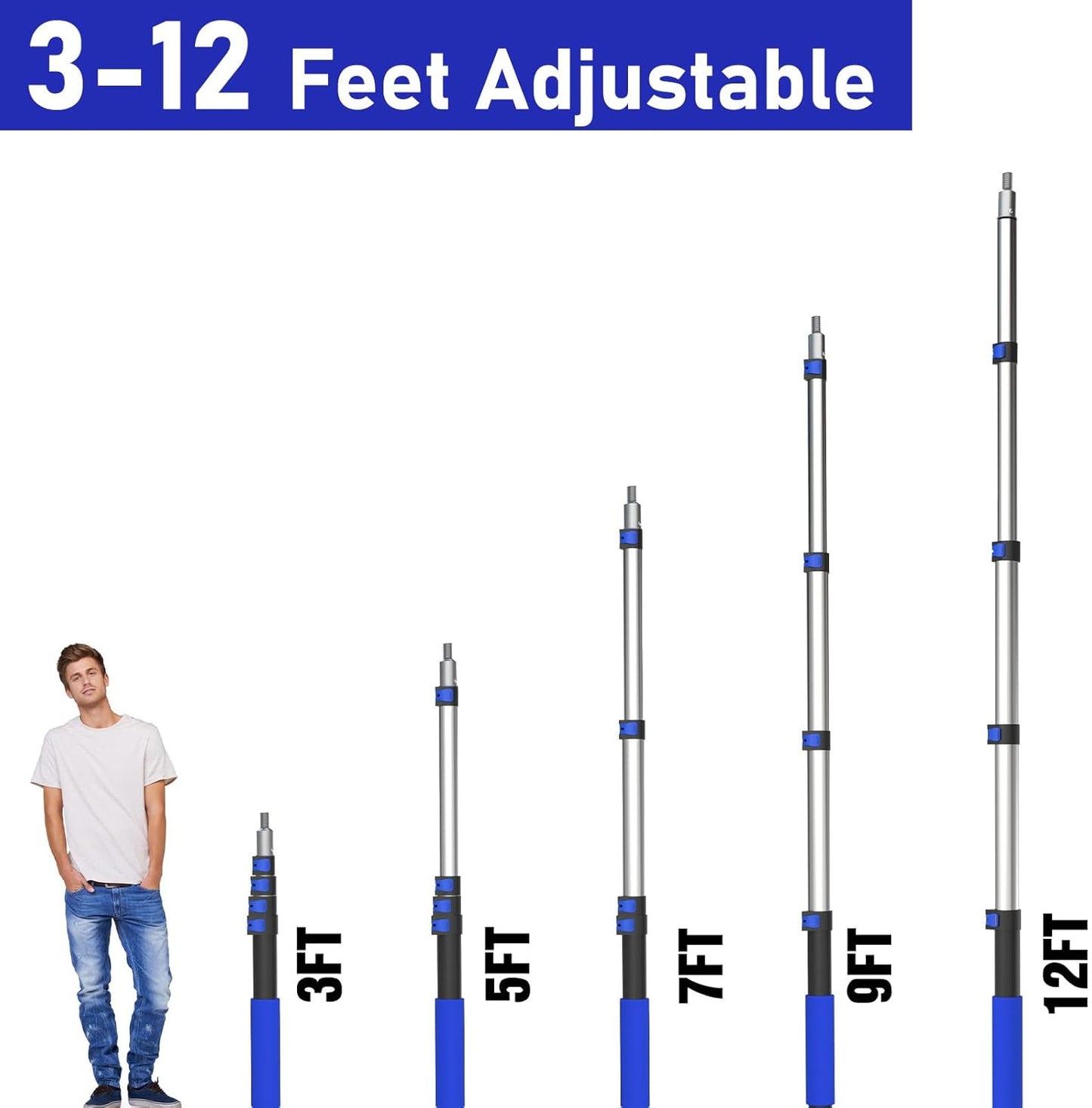 12FT Car Wash Brush with Long Handle, Car Cleaning Brush with Soft Bristle, Aluminium Telescoping Pole for Solar Panel, House Siding, Cars, Trucks, SUV, RV, Floors, Blue