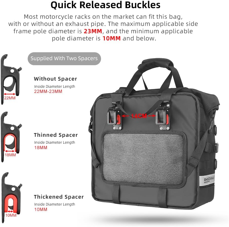 Rhinowalk Motorcycle Saddlebag Waterproof Luggage Bag Quick Release Motorcycle Side Bag 25L Fits Most Adventure and Sports Bike Motorbike Racks (Black, 1 pcs)