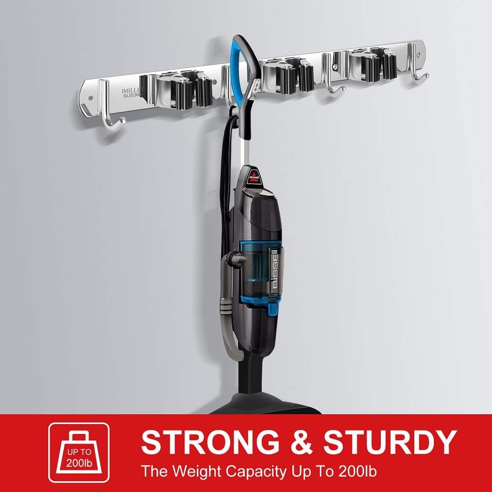 IMILLET 2 Pack Broom and Mop Holder Wall Mounted, Stainless Steel Broom Holder Mop Holder Self Adhesive Heavy Duty Hooks Storage Organizer for Home Laundry Room Garden Garage Closet Kitchen