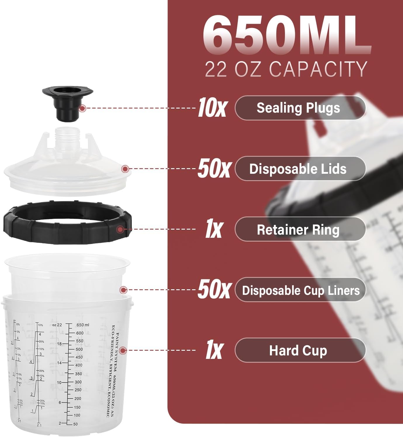 Disposable Paint Spary Gun Cups(650 ML/22 OZ), Spray Paint Cup Kit with 50 Cup Liners, 50 Lids, 10 Sealing Plugs, 1 Retainer Ring, 1 Hard Cup