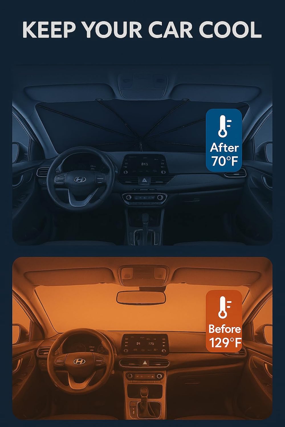 Proadsy Windshield Sun Shade Umbrella for Hyundai Santa Fe 2019-2023 Foldable Car Umbrella Sunshade with Soft TPU Handle Spring Structure Crystal Cooling Material Protect Car from Rays & Heat