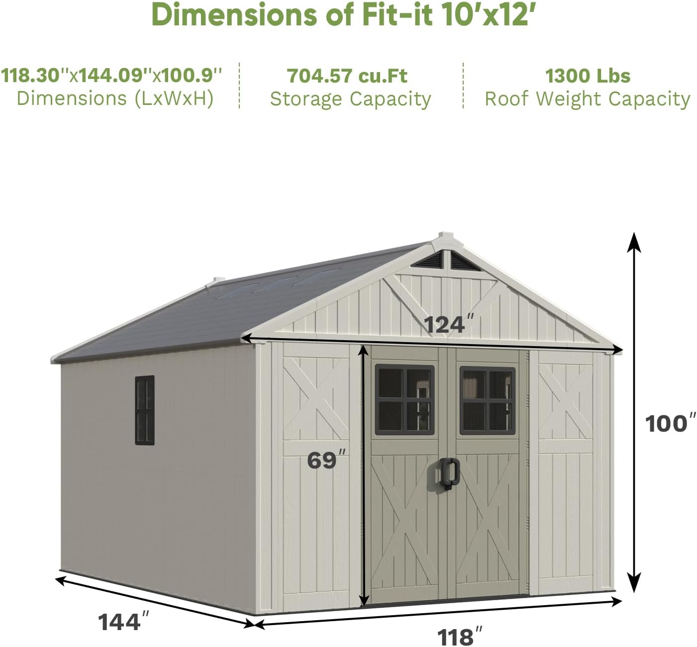 Patiowell 10x12 FT Outdoor Storage Shed with Floor and Lockable Door, All Weather Plastic Shed Garden Shed with Skylight and Multiple Windows for Backyard, Patio, Lawn, Beige