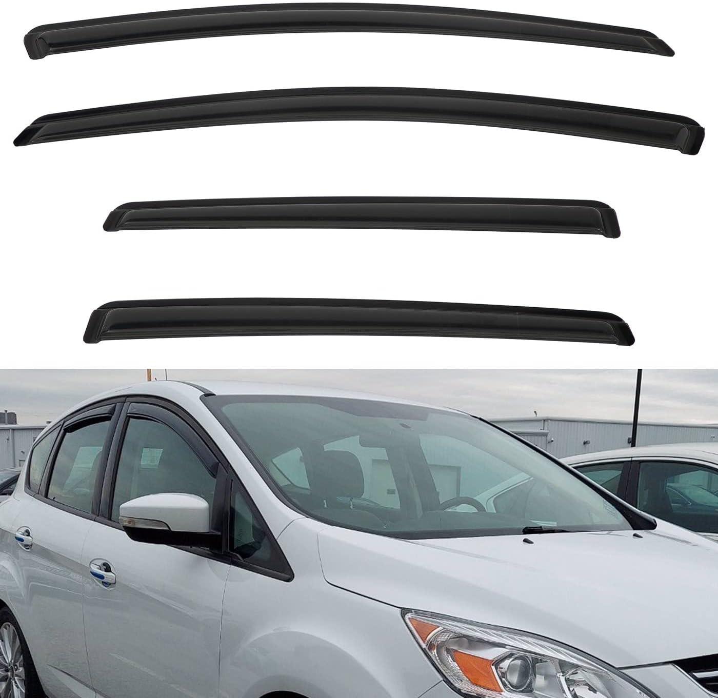 4pcs Front+Rear Smoke Tint Sun/Rain Guard Outside Mount Tape-On Vent Window Visors Compatible with 13-18 C-Max