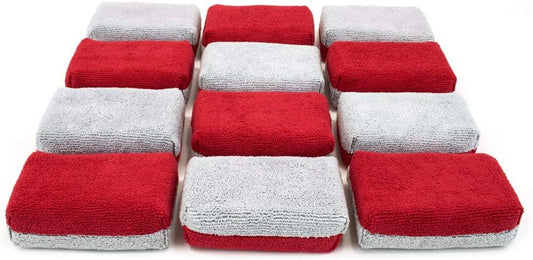 Autofiber Thick [Saver Applicator Terry] Ceramic Coating Applicator Sponge | 12 Pack | with Plastic Barrier to Reduce Product Waste. (Red/Gray)