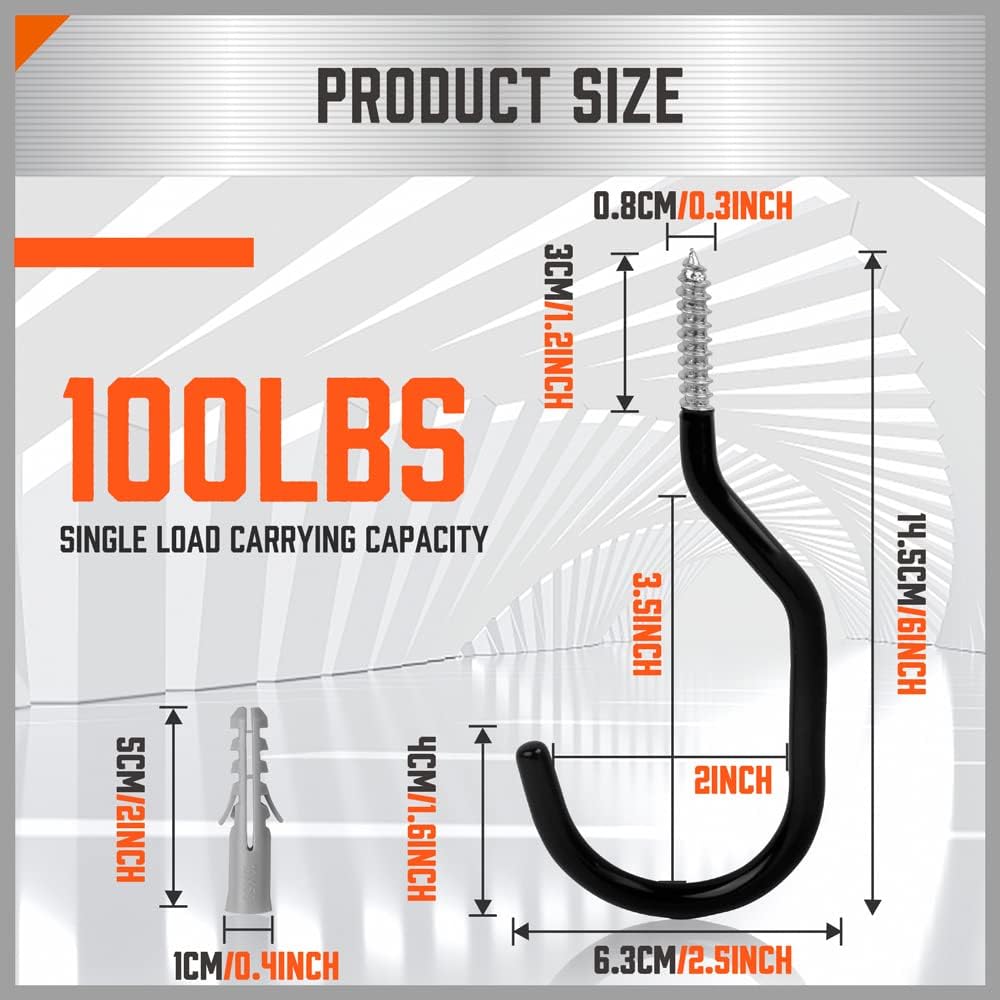 HORUSDY 6 Pack Heavy Duty 6 inches, Capacity 100 LBS, Wall and Bike Hooks for Garage Ceiling