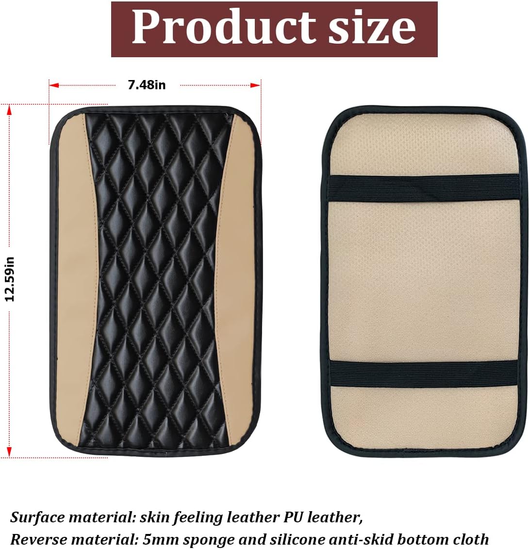 Car Center Console Cushion Pad, Universal Leather Waterproof Armrest Seat Box Cover Protector,Comfortable Car Decor Accessories Fit for Most Cars, Vehicles, SUVs (Beige)