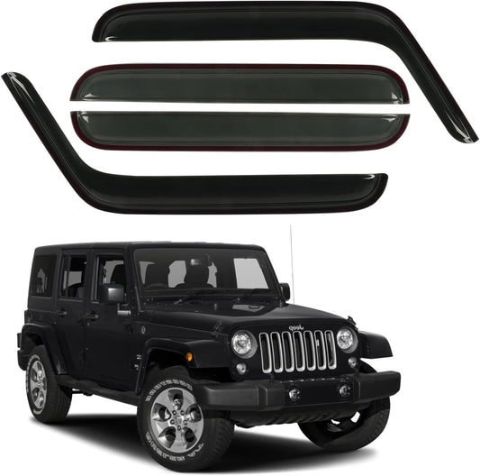 Rain Guard Fit for 2007-2017 Jeep Wrangler Unlimited 4-Door & 2018 Jeep Wrangler JK Unlimited 4-Door, Outside Mount Side Window Visor Deflector, Dark Smoke Vent Shade Shield, 4pcs