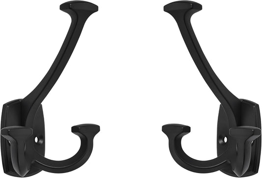 Large Wall Double-Sided Hook 2 Pack Matte Black Hook Decorative Heavy Duty Solid Large Coat Hooks for Towel Hanging Coats Robe Towel Bags Door Back 2 Prong Hooks