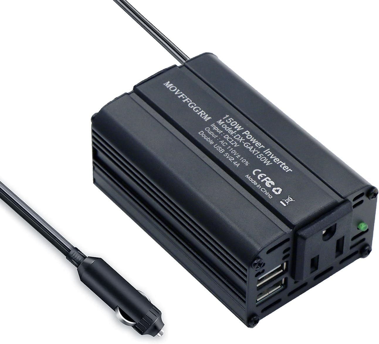 150W Power Inverter 12V DC to 110V AC Car Plug Adapter Outlet Converter with 2.4A Dual USB AC car Charger for Laptop Computer Black