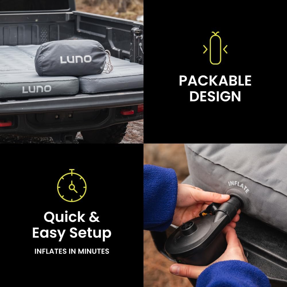Luno AIR 5ft Truck Bed Mattress Car Camping | Tailored-Fit for Mid-Size Short-Bed Trucks Support | Sleeps 2 People up to 6'7" Tall