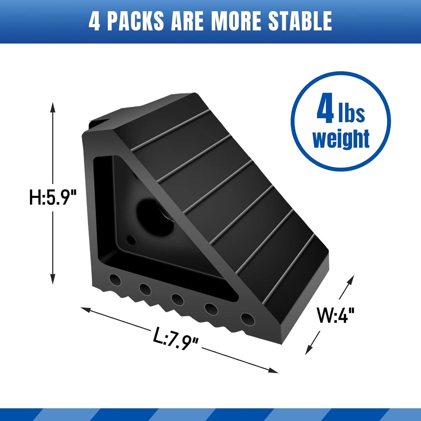 ROBLOCK 4 PCS Heavy Duty Rubber Wheel Chocks, Solid Durable Tire Chock for Car, Travel Trailers, RV, Truck, and ATV, 7.9" x 4" x 5.9", 4 Packs, Black