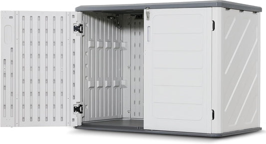 Macrout 25 Cu.Ft Small Plastic Outdoor Storage Cabinet with Floor, 4.3 x 2.5 ft Waterproof Resin Outdoor Storage Shed, Lockable Horizontal Shed for Garden and Patio