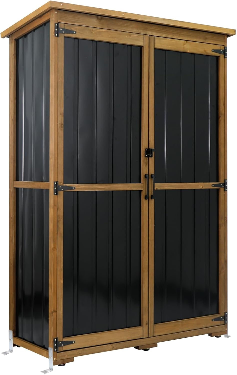 Outdoor Storage Cabinet Wood & Metal with Waterproof Roof, Garden Tool Shed with 4 adjustable reinforced feet with metal brackets, 3 Removable Shelves, 6 T-Hinge, Magnetic door,18.1"D x 49"W x 68.5"H