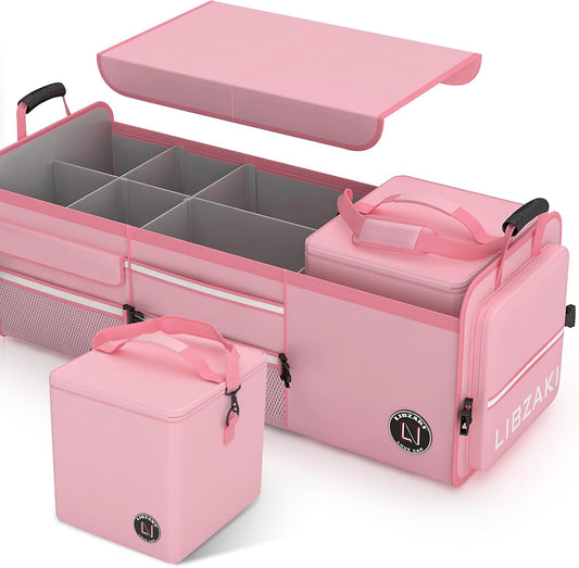 LIBZAKI Oversize 4 in 1 Car Trunk Storage Organizer, Multi Compartment Collapsible Trunk Storage Box with Cooler Bag for Car Truck SUV-Pink