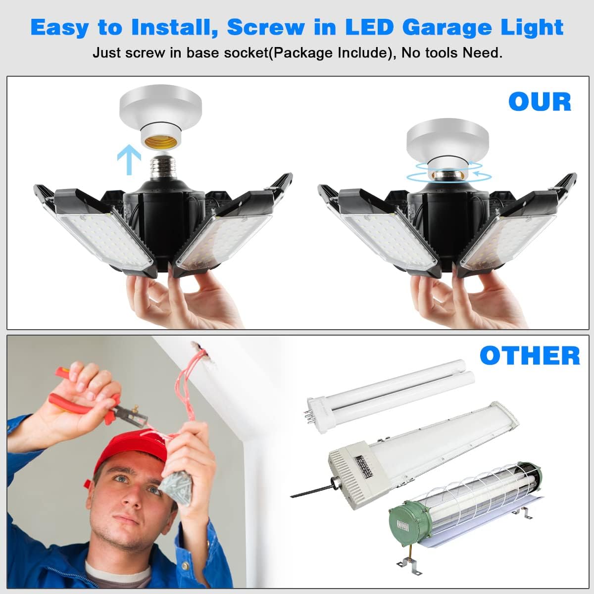LED Garage Light - 160W LED Garage Ceiling Lights 16000LM Super Bright Garage Lighting with 6 Deformable Panels E26/E27 Screw in Led Shop Lights for Basement Workshop Warehouse Attic