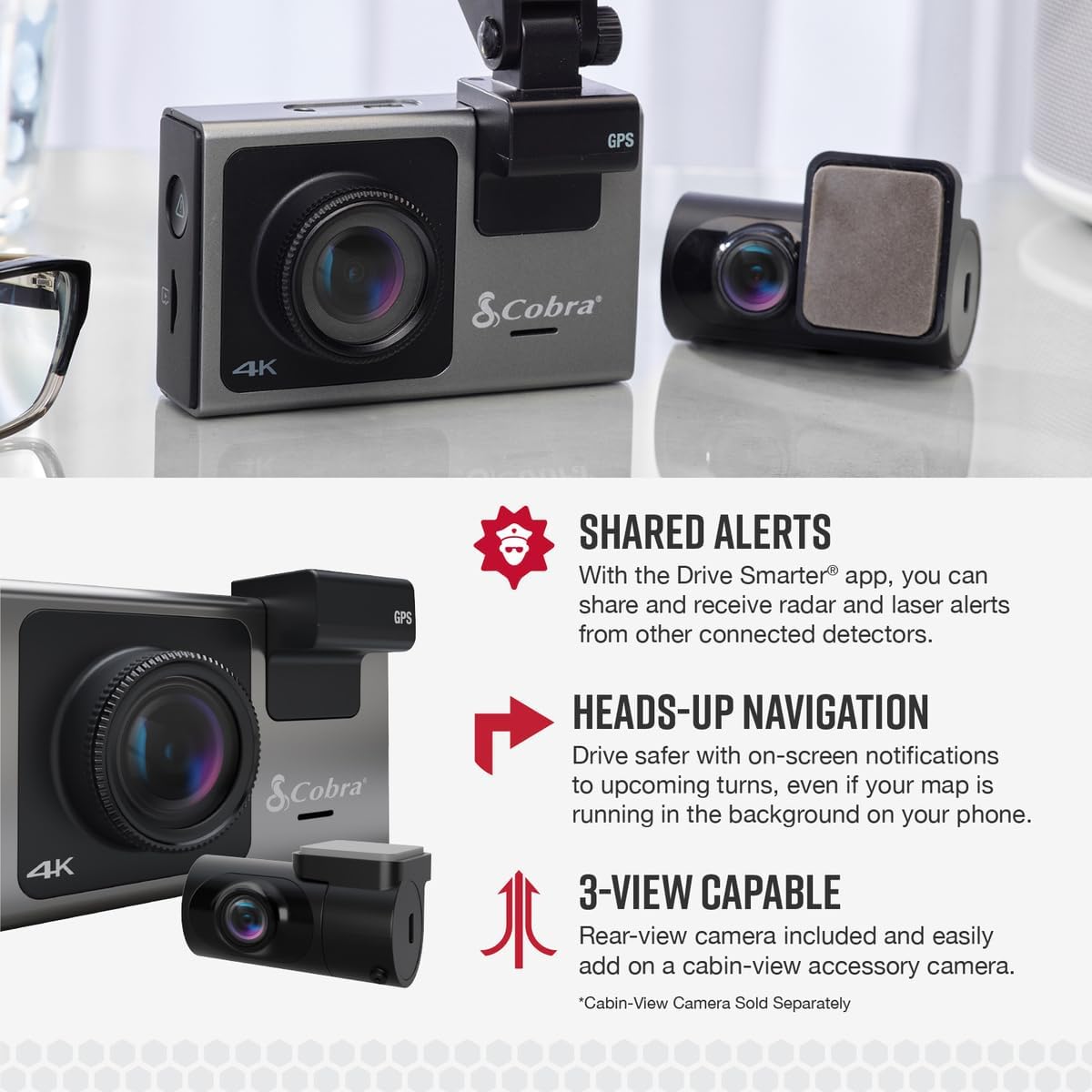 Bundle of Cobra SC 400D Smart Dash Cam with Rear Cam + Cobra Cabin-View Camera for SC Series Dash Cameras