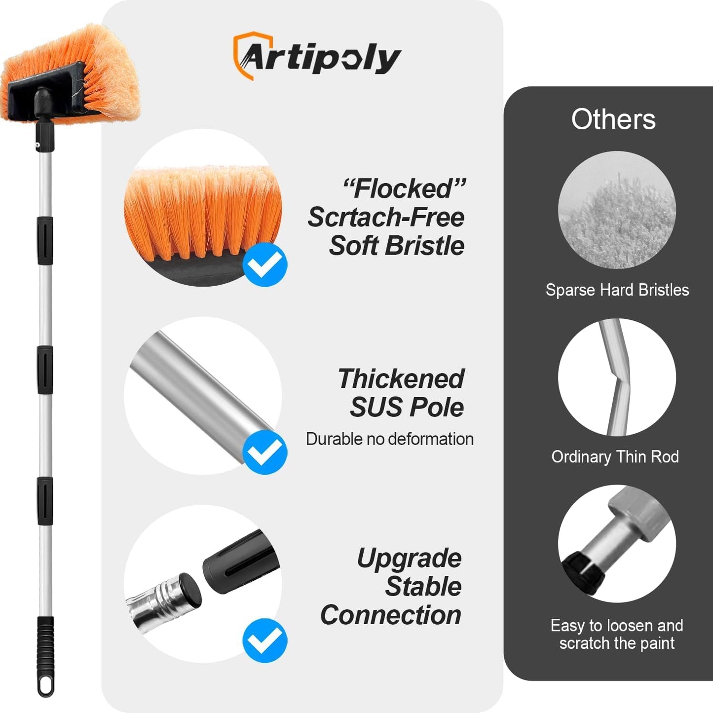 65" Car Wash Brush with Extension Pole, Car Wash 12" Dip Soft Five-Sided Brush, No Scratch Car Cleaning Brush Supplies for RV Boat Truck SUV, House Siding, Snow