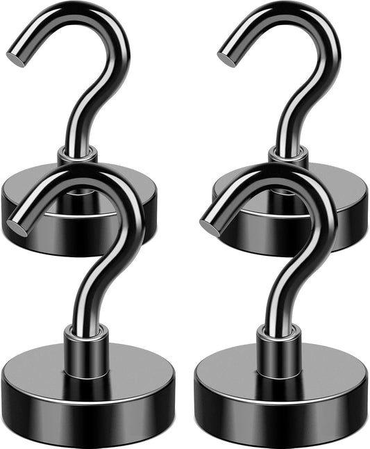 MIKEDE Magnetic Hooks, 40LB+ Heavy Duty Magnet Hooks for Cruise Cabins, Super Neodymium Hanging Hooks Black Strong Magnets with Hook for Fridge, Magnetic Hanger for Grill, Toolbox - Pack of 4