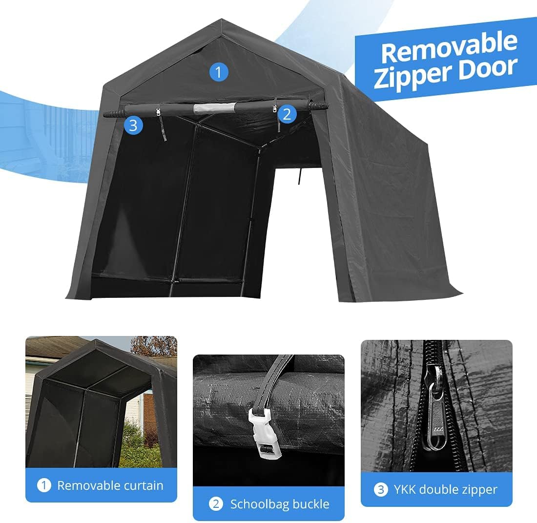 ADVANCE OUTDOOR 8X14 ft Steel Metal Peak Roof Portable Garage Shelter Storage Shed Carport for Motorcycle Bike or Garden Tools with 2 Roll up Doors & Vents, Gray