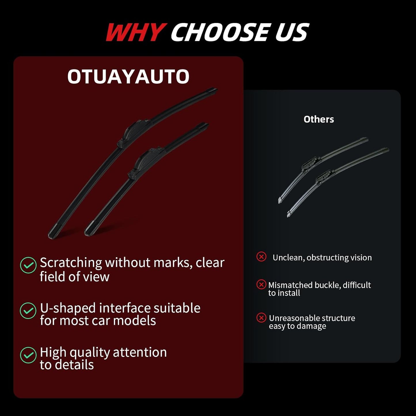 OTUAYAUTO Premium Windshield Wiper Blades - Replacement for Hyundai Tucson 16-20, Mazda CX7 07-12 - Precision Fit, All-Weather Performance, Front and Rear Wiper Blades, U Hook - 26"+16"+14" (Pack 3)