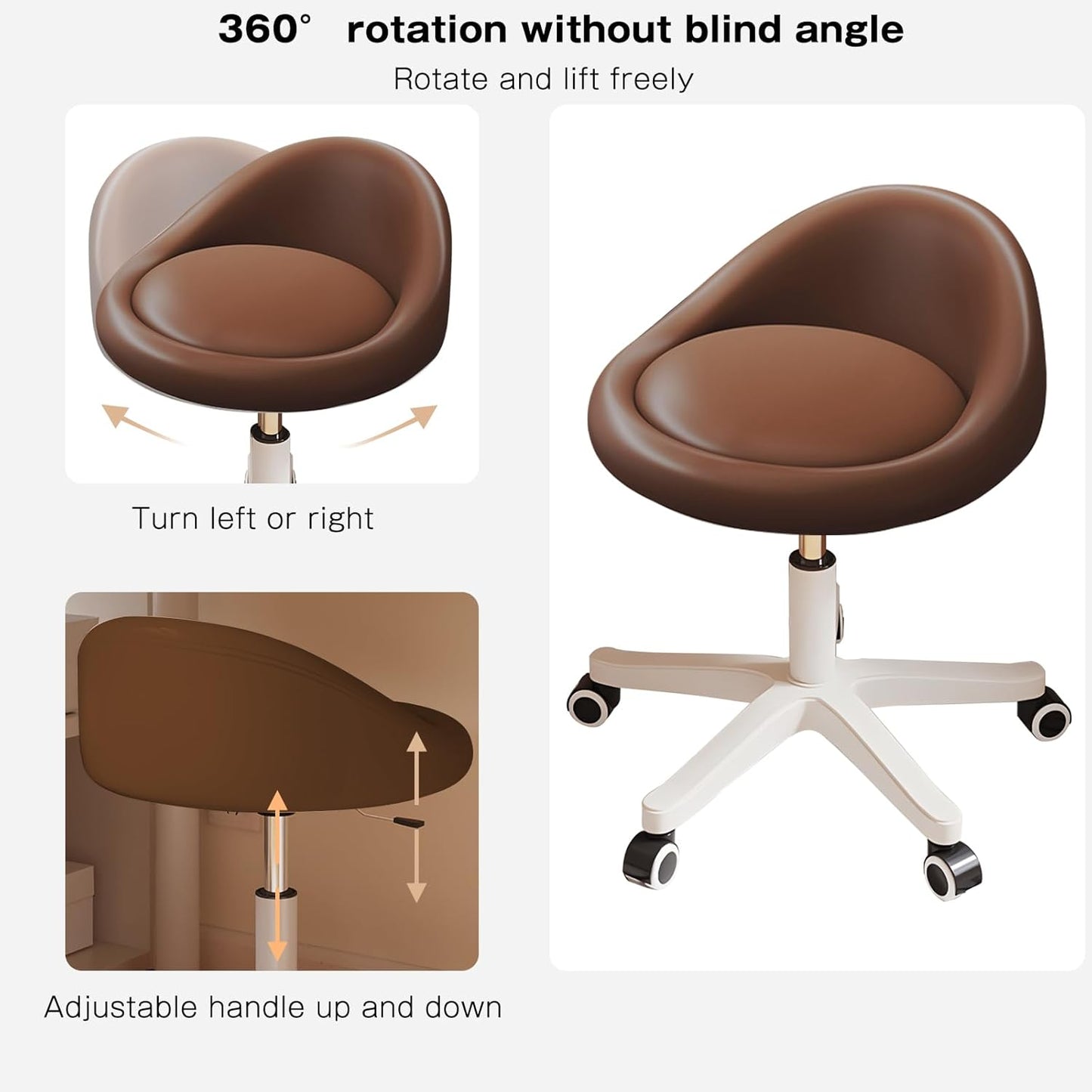 Rolling Stool Set of 6 Rolling Hydraulic Salon Stool with Low Backrest - Adjustable Swivel Chair for SPA, Shop, Salon, Massage, or Medical Office Brown