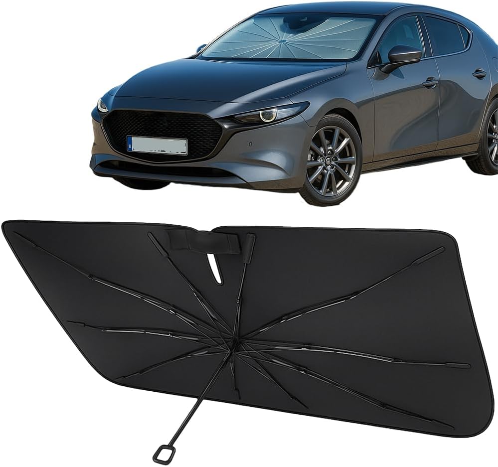 Proadsy Windshield Sun Shade Umbrella for Mazda 3 2019-2025 2026 Foldable Car Umbrella Sunshade with Soft TPU Handle Spring Structure Crystal Cooling Material Protect Car from Rays & Heat